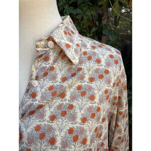 70s Bleyle Ditzy Floral Blouse 100% Cotton Button-Up Shirt Ivory Orange Carnatio